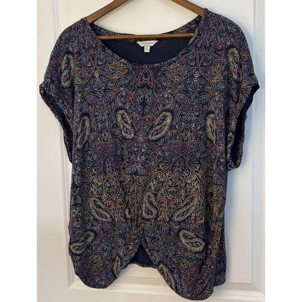 Lucky Brand Women’s Large Boho Tee Paisley Mandala Print Knot Front Short Sleeve